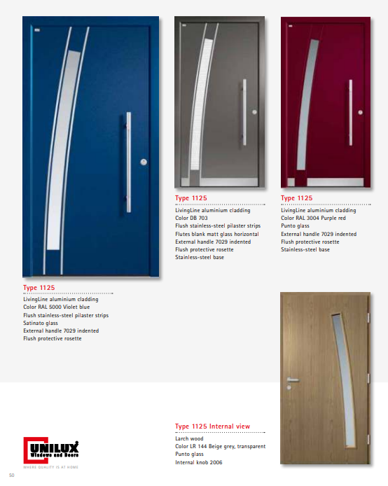 Type 1125 LivingLine – Satinato Pilaster LivingLine Aluminium Clad Wood Door, Beige Grey Interior, Designer Handle, Horizontal Matt Glass Flutes, Double/Single Leaf, Advanced Lock